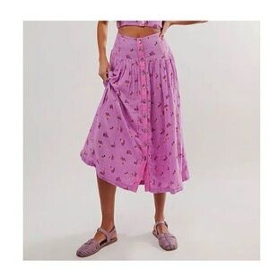 Free People Iris Lavendar Floral Cotton Midi Skirt XS